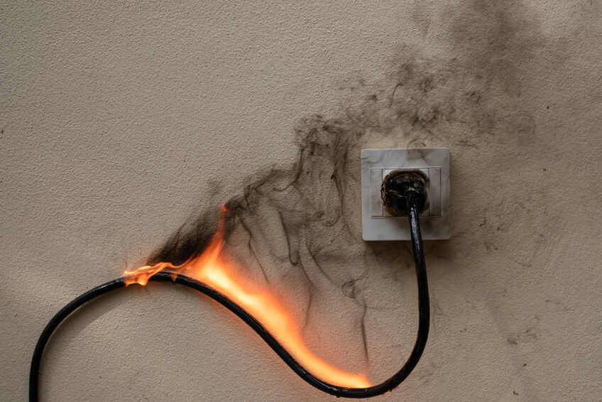 On,Fire,Electric,Wire,Plug,Receptacle,On,The,Concrete,Wall